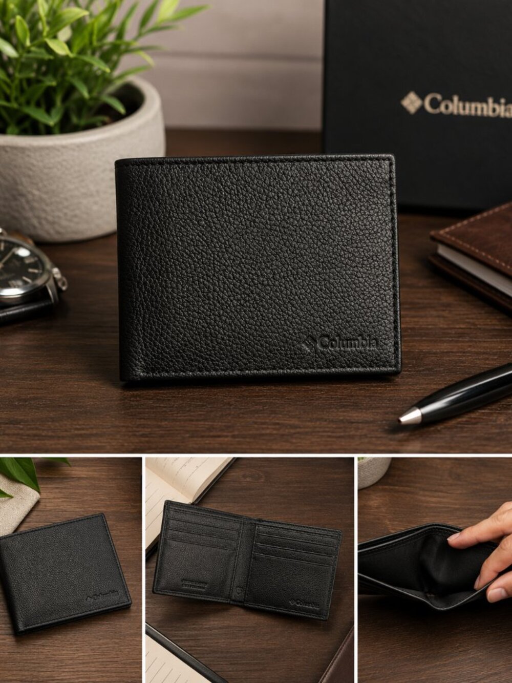 Columbia Black Genuine Leather Slim Bifold Wallet Card Holder
